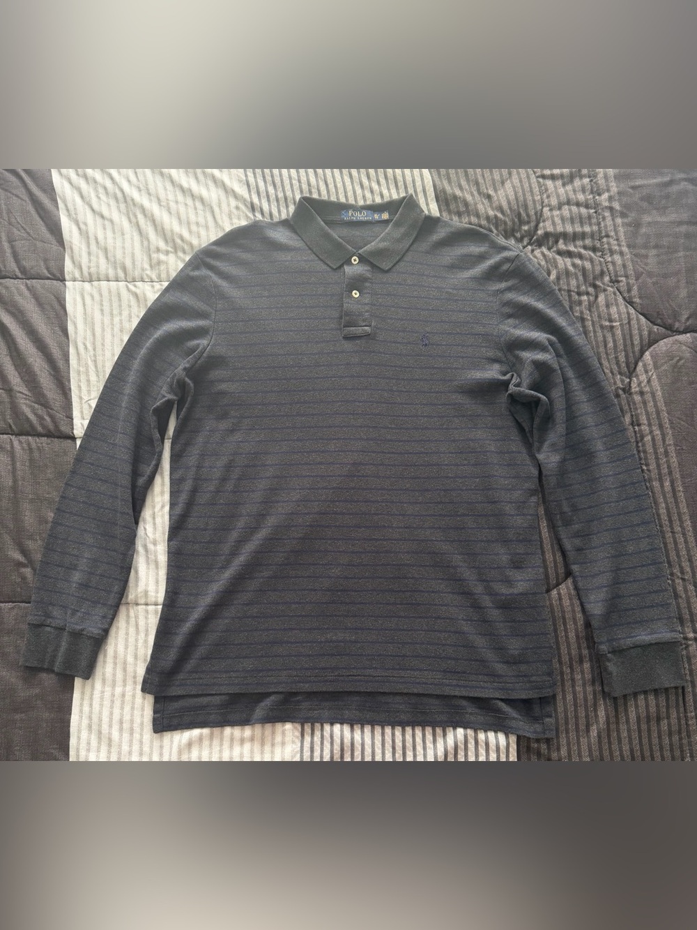 Polo by Ralph Lauren Men's Long-Sleeve Polo in Dark Gray and Subtle Navy stripes